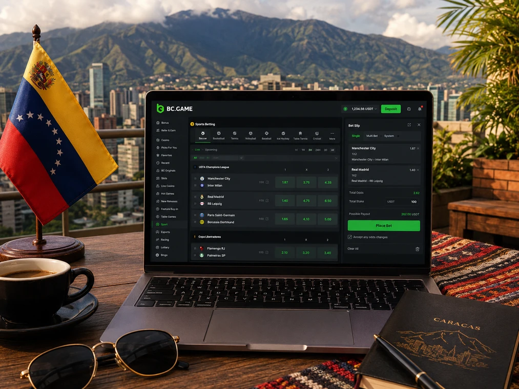 Apuestas deportivas BC Game Venezuela con mercados y bet slip